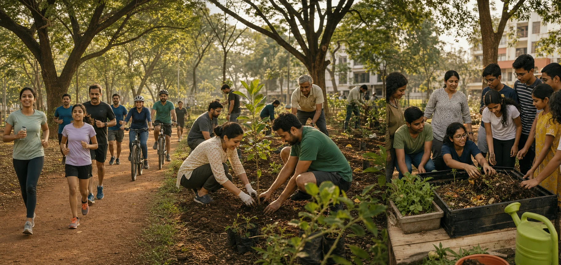 People running and cycling together through a leafy Bengaluru park