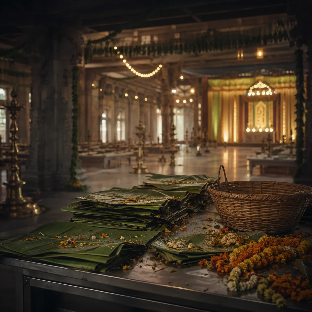Banana leaves and flowers gathered after a Bengaluru celebration