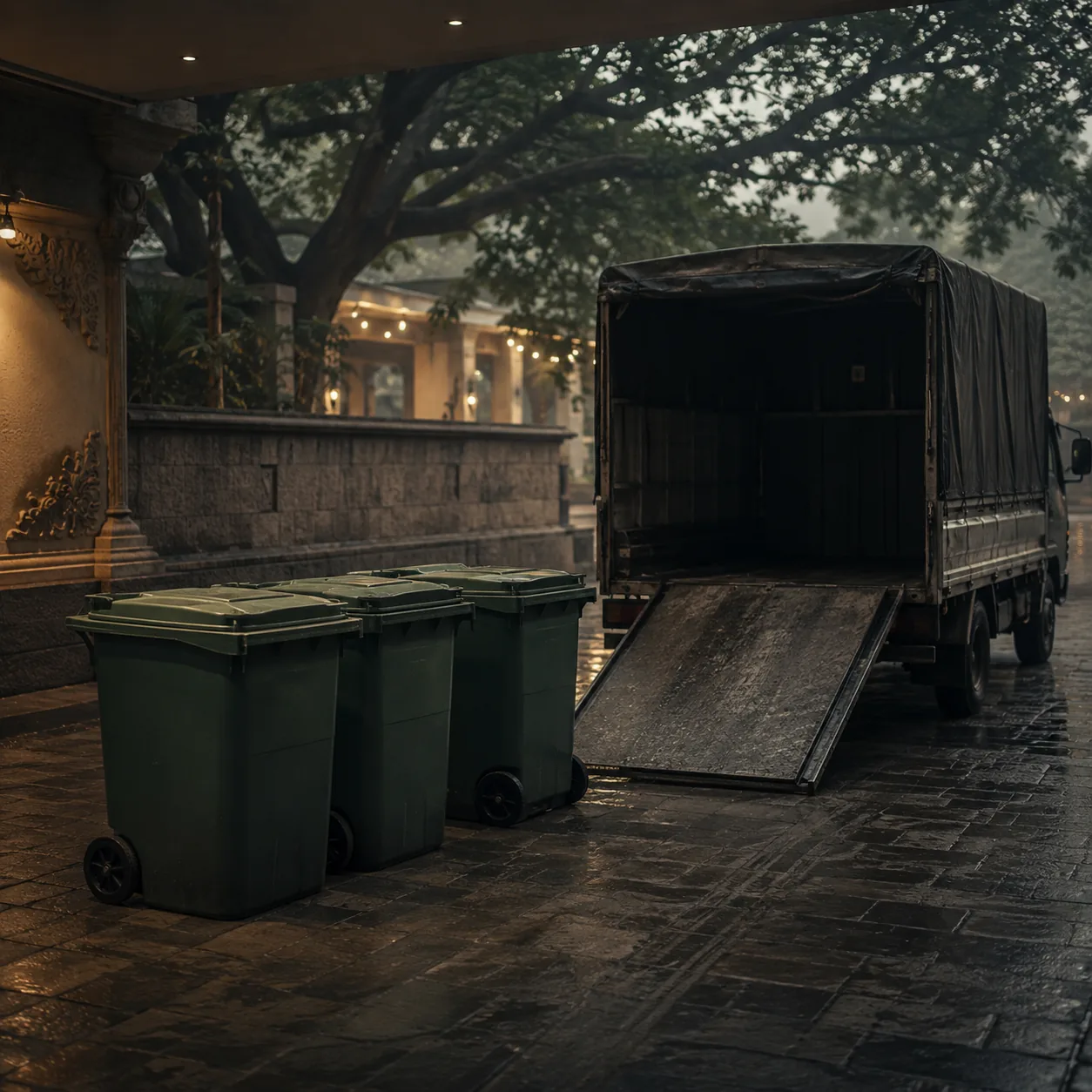 Dedicated organic-waste bins ready for collection at an event venue