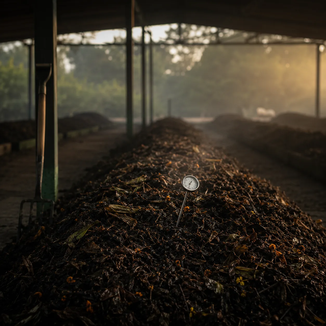A monitored compost windrow at the processing facility