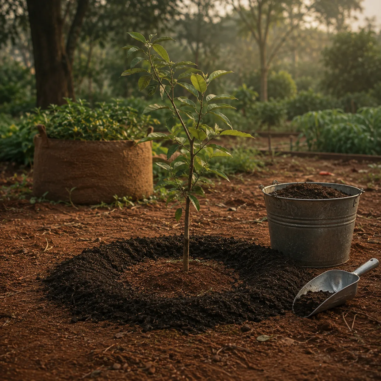A young tree being cultivated with finished compost